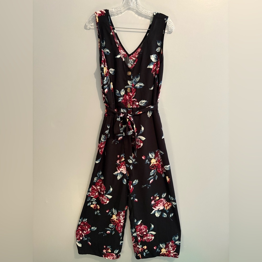 Xhilaration Women's Jumpsuit Large Floral Black Sleeveless V-Neck Button Front - Picture 4 of 16
